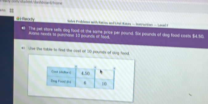 a riks 
@i-Ready Solve Problems with Ratios and Unit Rates — Instruction — Level F 
The pet store sells dog food at the same price per pound. Six pounds of dog food costs $4.50. 
Alana needs to purchase 10 pounds of food. 
« Use the table to find the cost of 10 pounds of dog food.