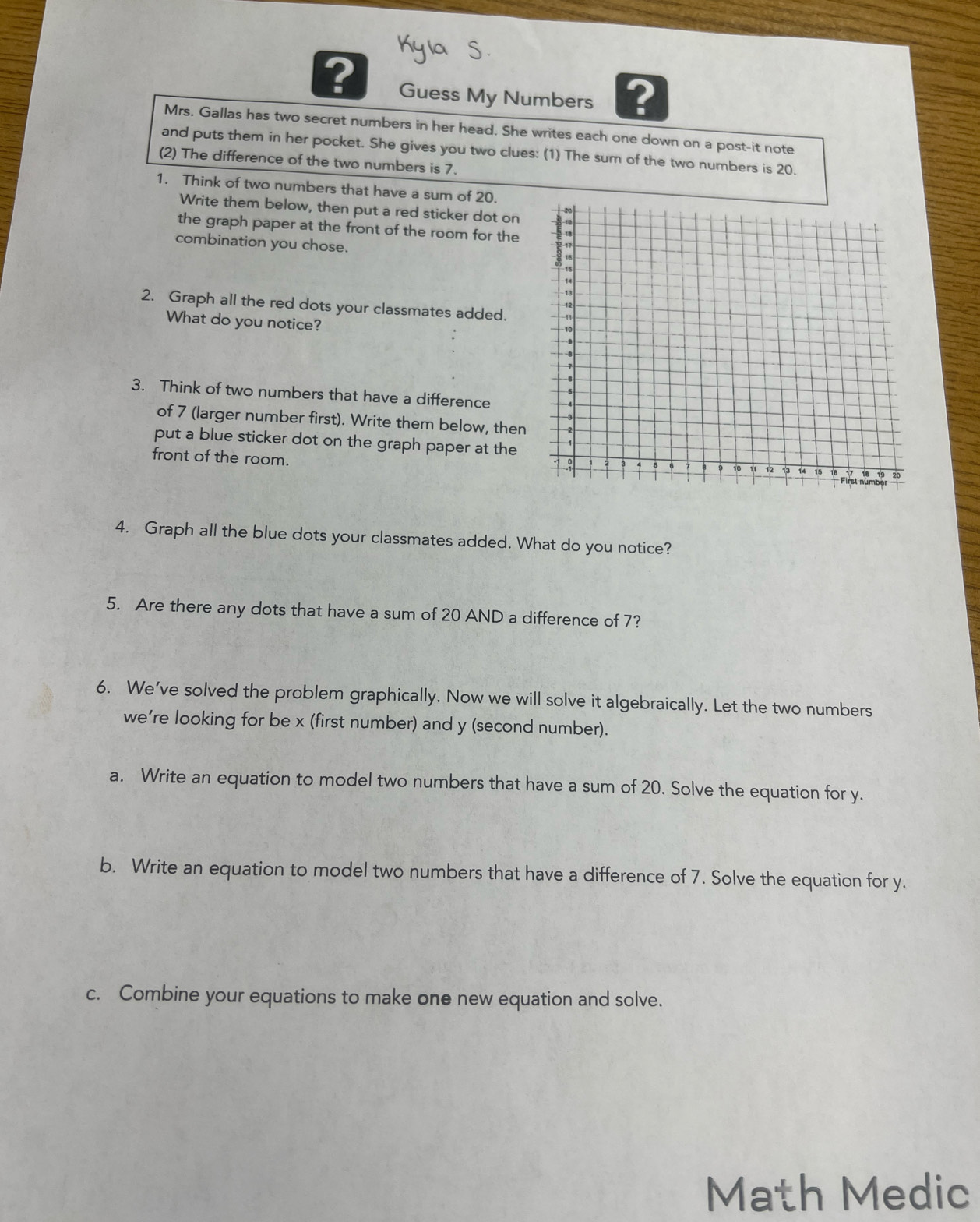 ? Guess My Numbers ? 
Mrs. Gallas has two secret numbers in her head. She writes each one down on a post-it note 
and puts them in her pocket. She gives you two clues: (1) The sum of the two numbers is 20. 
(2) The difference of the two numbers is 7. 
1. Think of two numbers that have a sum of 20. 
Write them below, then put a red sticker dot on 
the graph paper at the front of the room for the 
combination you chose. 
2. Graph all the red dots your classmates added. 
What do you notice? 
3. Think of two numbers that have a difference 
of 7 (larger number first). Write them below, then 
put a blue sticker dot on the graph paper at the 
front of the room. 
4. Graph all the blue dots your classmates added. What do you notice? 
5. Are there any dots that have a sum of 20 AND a difference of 7? 
6. We've solved the problem graphically. Now we will solve it algebraically. Let the two numbers 
we’re looking for be x (first number) and y (second number). 
a. Write an equation to model two numbers that have a sum of 20. Solve the equation for y. 
b. Write an equation to model two numbers that have a difference of 7. Solve the equation for y. 
c. Combine your equations to make one new equation and solve. 
Math Medic