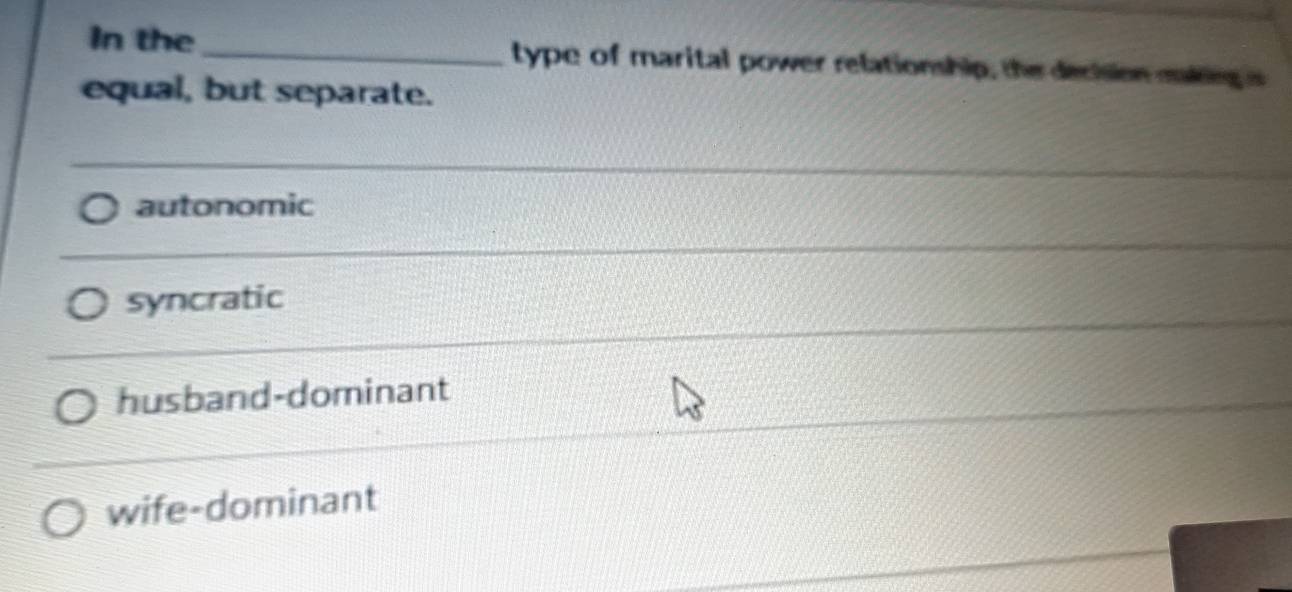 Solved: In the_ type of marital power relationship, the decision making ...