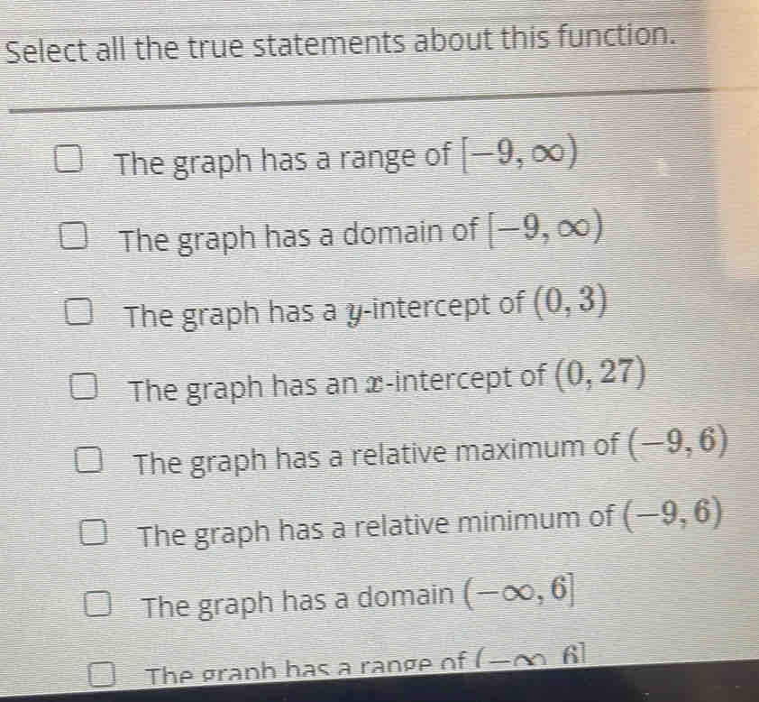 Select all the true statements about this function.
The graph has a range of [-9,∈fty )
The graph has a domain of [-9,∈fty )
The graph has a y-intercept of (0,3)
The graph has an x-intercept of (0,27)
The graph has a relative maximum of (-9,6)
The graph has a relative minimum of (-9,6)
The graph has a domain (-∈fty ,6]
The granh has a range of _ (x)