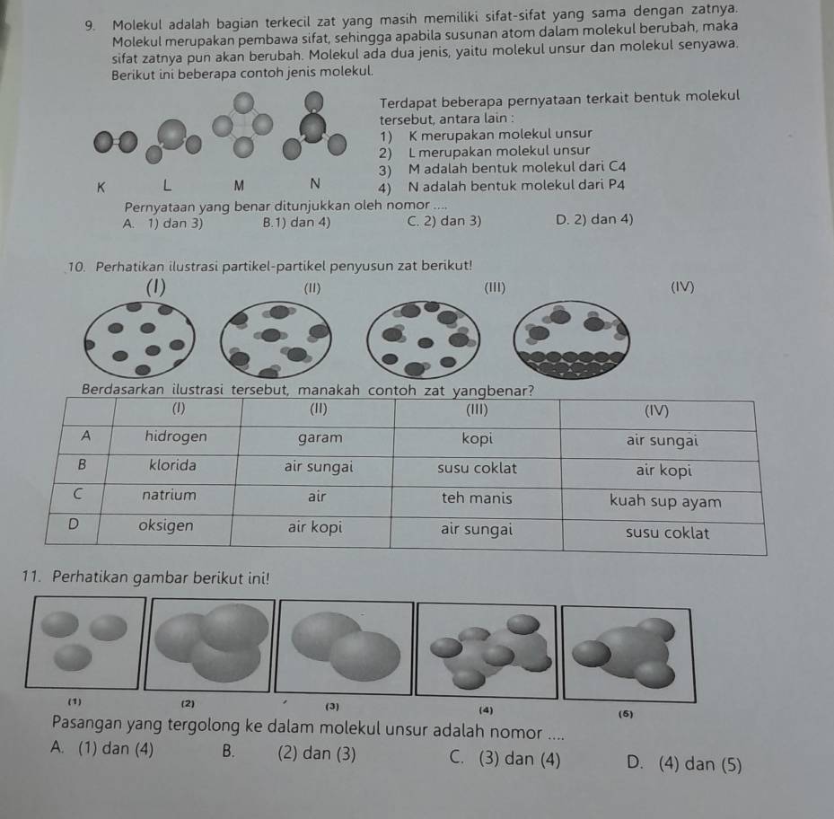 Molekul adalah bagian terkecil zat yang masih memiliki sifat-sifat yang sama dengan zatnya.
Molekul merupakan pembawa sifat, sehingga apabila susunan atom dalam molekul berubah, maka
sifat zatnya pun akan berubah. Molekul ada dua jenis, yaitu molekul unsur dan molekul senyawa.
Berikut ini beberapa contoh jenis molekul.
Terdapat beberapa pernyataan terkait bentuk molekul
tersebut, antara lain :
1) K merupakan molekul unsur
2) L merupakan molekul unsur
3) M adalah bentuk molekul dari C4
K L M N 4) N adalah bentuk molekul dari P4
Pernyataan yang benar ditunjukkan oleh nomor ....
A. 1) dan 3) B.1) dan 4) C. 2) dan 3) D. 2) dan 4)
10. Perhatikan ilustrasi partikel-partikel penyusun zat berikut!
(1) (11) (II) (IV)
Berdasarkan ilustrasi tersebut, manakah contoh zat yangbenar?
(1) (11) (III) (IV)
A hidrogen garam kopi air sungai
B klorida air sungai susu coklat air kopi
C natrium air teh manis kuah sup ayam
D oksigen air kopi air sungai susu coklat
11. Perhatikan gambar berikut ini!
(1) (2) (3) (4) (5)
Pasangan yang tergolong ke dalam molekul unsur adalah nomor ....
A. (1) dan (4) B. (2) dan (3) C. (3) dan (4) D. (4) dan (5)