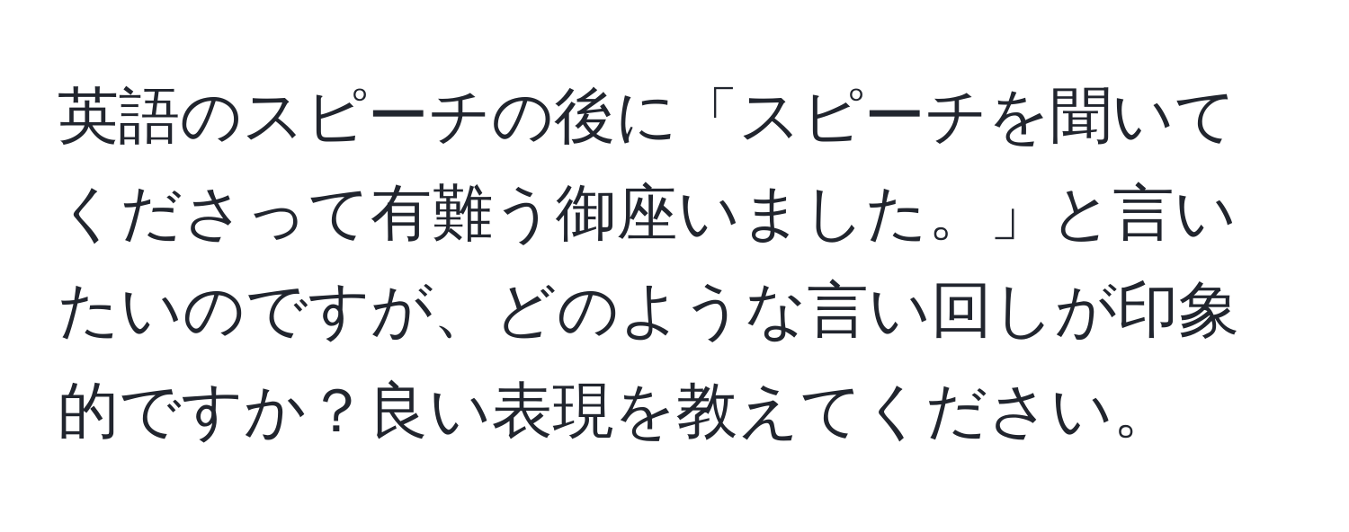 英語のスピーチの後に「スピーチを聞いてくださって有難う御座いました。」と言いたいのですが、どのような言い回しが印象的ですか？良い表現を教えてください。