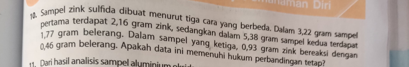 man Diri 
10. Sampel zink sulfida dibuat menurut tiga cara yang berbeda. Dalam 3,22 gram sampell 
pertama terdapat 2,16 gram zink, sedangkan dalam 5,38 gram sampel kedua terdapat
1,77 gram belerang. Dalam sampel yang ketiga, 0,93 gram zink bereaksi dengan
0,46 gram belerang. Apakah data ini memenuhi hukum perbandingan tetap? 
1 Dari hasil analisis sampel alumini m