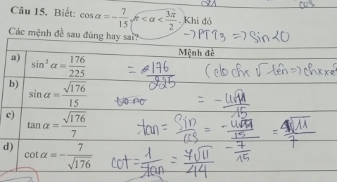 Biết: cos alpha =- 7/15 sqrt π . Khi đó
Các mệnh đề
c
d