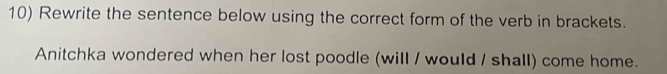 Rewrite the sentence below using the correct form of the verb in brackets. 
Anitchka wondered when her lost poodle (will / would / shall) come home.