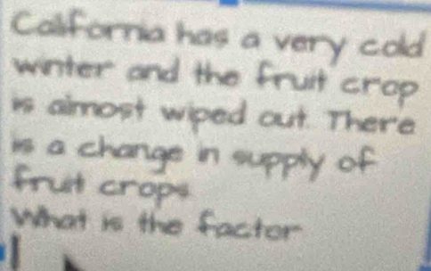 Calforma has a very cold 
wnter and the fruit crop 
is aimost wiped out. There 
is a change in supply of 
frut cropy 
What io the factor