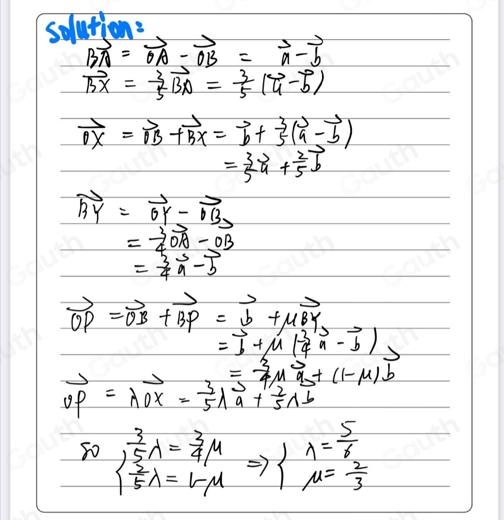 solutions
Bvector A=vector OA-vector OB=vector a-vector b
vector BX= 3/5 vector BN= 3/5 (vector a-vector b)
vector OX=vector OB+vector BX=vector b+ 3/5 (vector a-vector b)
= 3/5 vector a+ 2/5 vector b
vector BY=vector OY-vector OB
= 3/4 vector OA-vector OB
= 3/4 vector a-vector b
vector OP=vector OB+vector BP=vector b+mu vector BY
=vector b+mu ( 3/4 vector a-vector b)
= 3/4 mu vector a+(1-mu )overline b
vector OP=lambda vector OX= 3/5 lambda vector a+ 2/5 lambda vector b
50 beginarrayl  3/5 lambda = 3/4 mu   3/5 lambda =l-mu endarray. beginarrayl lambda = 5/6  mu = 2/3 endarray.