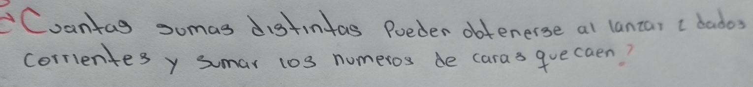 Cuantag somas digtintas Poeder obtenerse at lanzai I dados 
corrientes y sumar tos nomeros de caras quecaen?