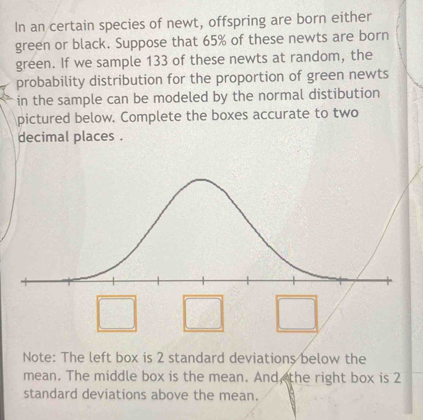 In an certain species of newt, offspring are born either 
green or black. Suppose that 65% of these newts are born 
green. If we sample 133 of these newts at random, the 
probability distribution for the proportion of green newts 
in the sample can be modeled by the normal distibution 
pictured below. Complete the boxes accurate to two 
decimal places . 
Note: The left box is 2 standard deviations below the 
mean. The middle box is the mean. And, the right box is 2
standard deviations above the mean.