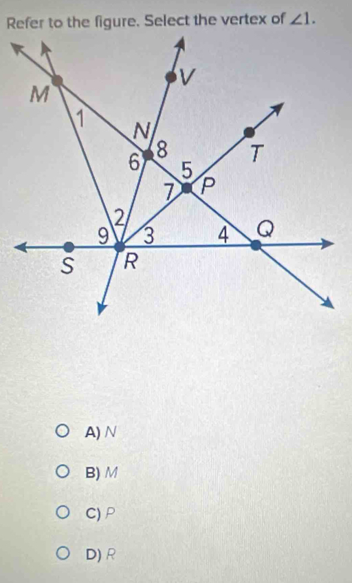 angle 1.
A) N
B) M
C) P
D) R