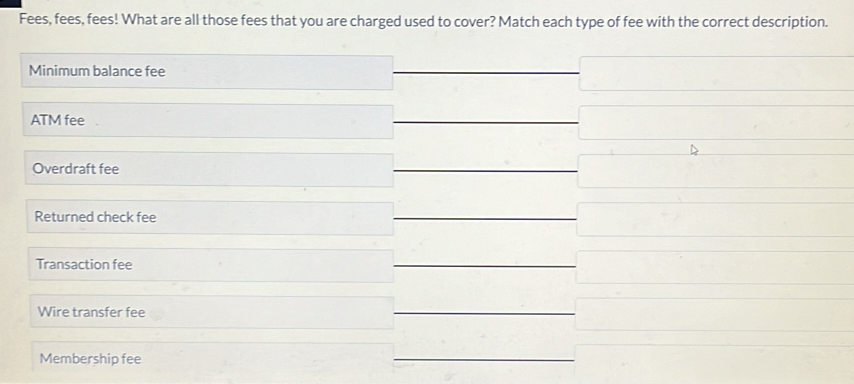 Fees, fees, fees! What are all those fees that you are charged used to cover? Match each type of fee with the correct description. 
Minimum balance fee 
ATM fee 
Overdraft fee 
Returned check fee 
□  
Transaction fee 
Wire transfer fee 
□  
Membership fee