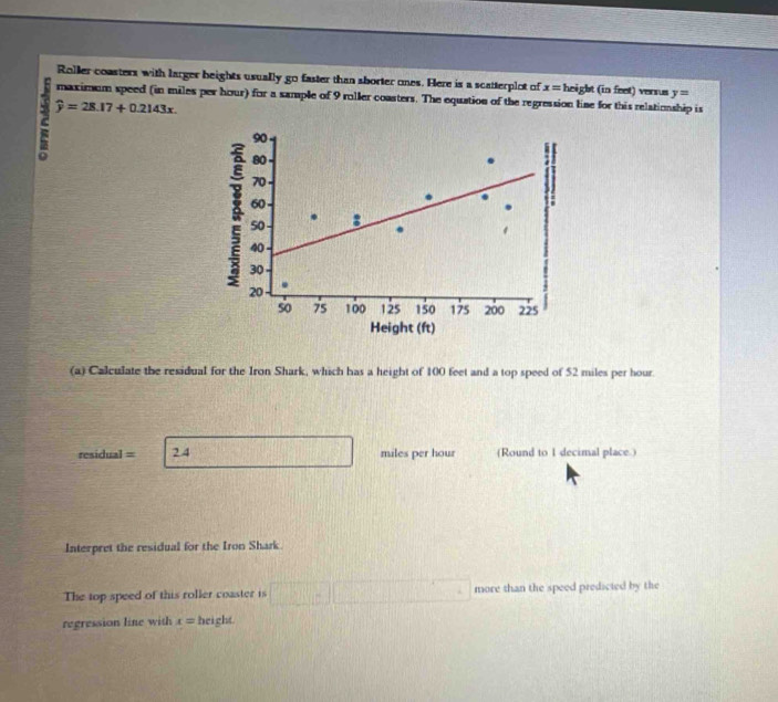 Roller coasters with larger beights usually go faster than sborter ones. Here is a scatterplot of x= height (in feet) verrus y=
maximum speed (in miles per hour) for a sample of 9 roller coasters. The equation of the regression lise for this relatioship is
widehat y=28.17+0.2143x
Height (ft) 
(a) Calculate the residual for the Iron Shark, which has a height of 100 feet and a top speed of 52 miles per hour.
residual = 2.4 miles per hour (Round to 1 decimal place.) 
Interpret the residual for the Iron Shark 
The top speed of this roller coaster is □ □ □ □ □ more than the speed predicted by the 
regression line with x= height.