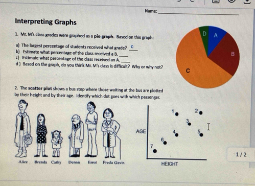 Name: 
Interpreting Graphs 
1. Mr. M's class grades were graphed as a pie graph. Based on this graph: 
_ 
a) The largest percentage of students received what grade? C 
b) Estimate what percentage of the class received a B. 
_ 
c) Estimate what percentage of the class received an A. 
_ 
d ) Based on the graph, do you think Mr. M's class is difficult? Why or why not? 
2. The scatter plot shows a bus stop where those waiting at the bus are plotted 
by their height and by their age. Identify which dot goeich passenger. 
2 
AGE 5 I
6
7
1 / 2
HEIGHT