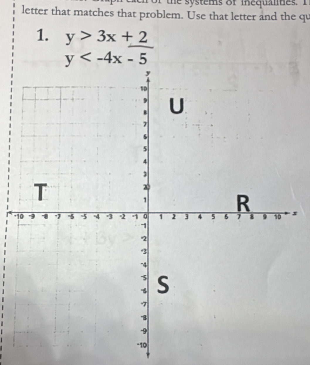 of the systems of inequalities. I
letter that matches that problem. Use that letter and the qu
1. y>3x+2
y
-x