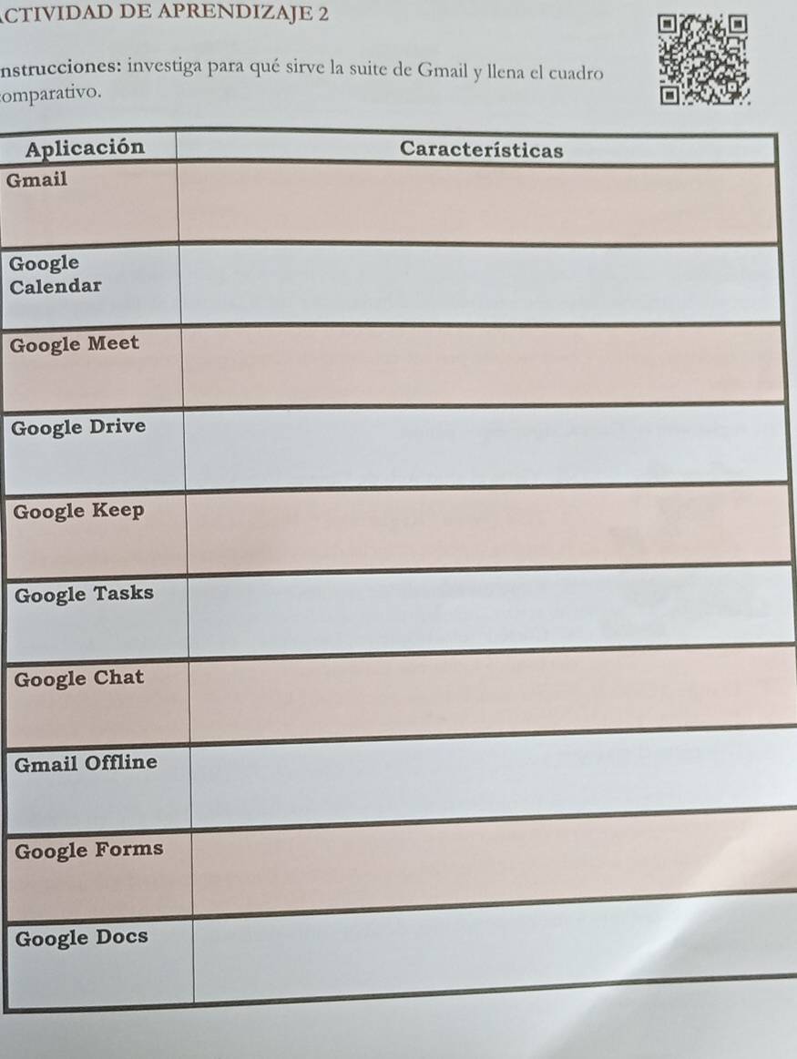 ACTIVIDAD DE APRENDIZAJE 2 
nstrucciones: investiga para qué sirve la suite de Gmail y llena el cuadro 
ompativo. 
Ap 
Gma 
Goo 
Cale 
Goo 
Goo 
Goo 
Goo 
Goo 
Gm 
Goo 
Goo