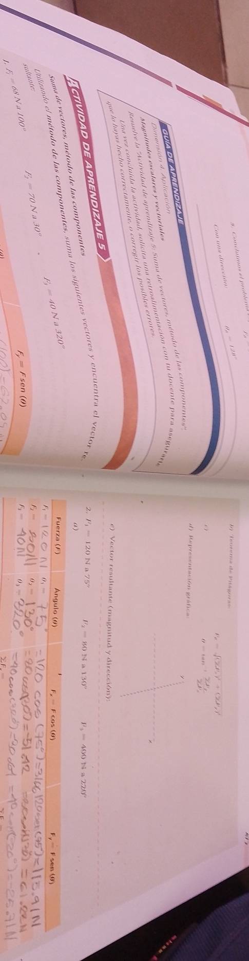 Conclumos el problém
Con una dirección θ _n=128°
I Torema de Vitégora
v_e=∈t (2x,y^2+(2x,y
θ =tan^(-1)frac 2mu _2r2mu 
d)  Representación gráficas
gu ía de Aprendi z a j  
Dimensión 4. Aplicación
fesuelve la ''Actividad de aprendizaje 5: Suma de vectores, método de las componentes''
Magnitudes escalares y vectoriales
Una vez concluída la actividad, solícita una retroalimentación con tu docente para asegurar
que lo hayas hecho correctamente, o corregir los posibles errores
e) Vector resultante (magnitud y dirección):
Actividad de Aprendizaje 5
a)
Suma de vectores, método de las componentes
Utilizando el método de las componentes, suma los siguientes vectores y encuentra el vector re
2. F_1=120Na75° P_2=80Na130° F_3=400Na220°
F_1=40Na320°
sultante:
E_2=70Na.30°
F_1=68Na100°
=Fsen(θ )