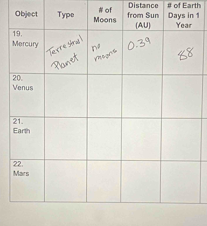 Distance # of Earth 
# of1