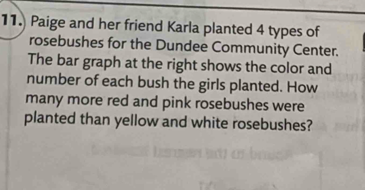 Paige and her friend Karla planted 4 types of 
rosebushes for the Dundee Community Center. 
The bar graph at the right shows the color and 
number of each bush the girls planted. How 
many more red and pink rosebushes were 
planted than yellow and white rosebushes?