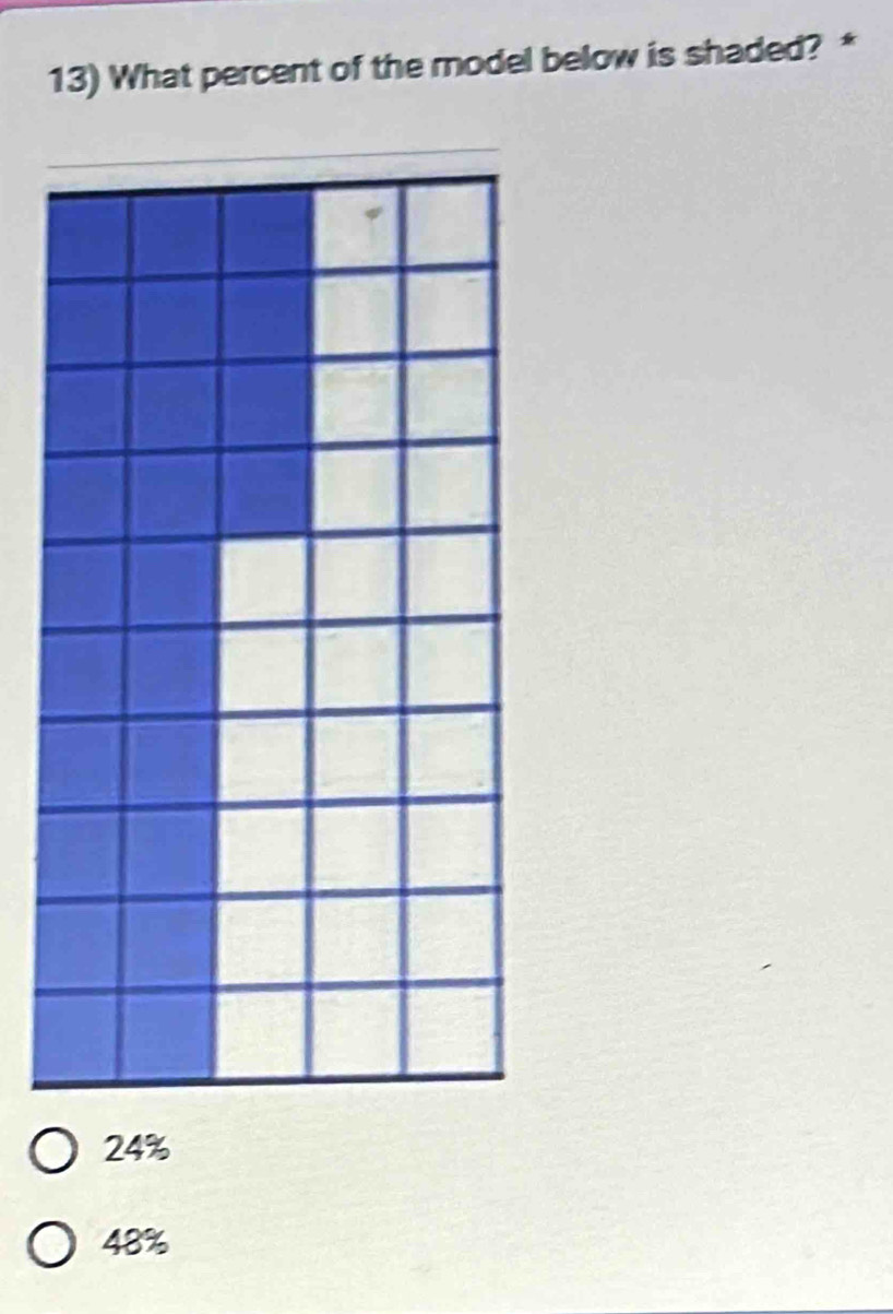 What percent of the model below is shaded? *
_
_
24%
48%