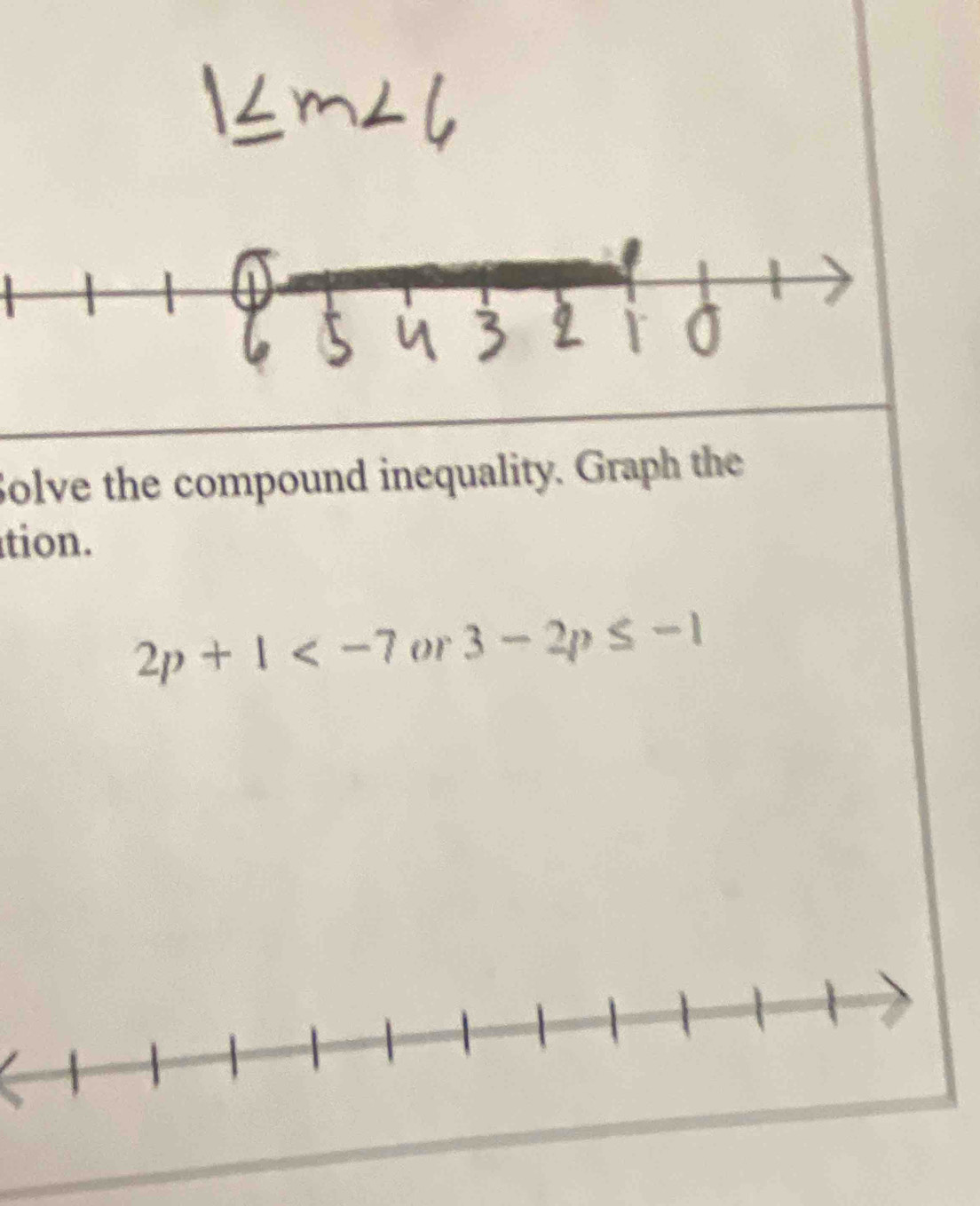 Solve the compound inequality. Graph the 
tion.
2p+1 or 3-2p≤ -1