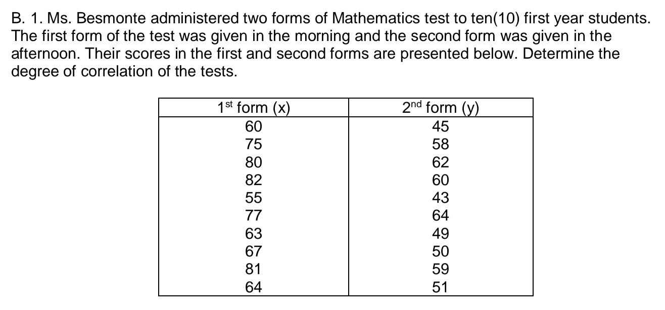 Ms. Besmonte administered two forms of Mathematics test to ten(10) first year students.
The first form of the test was given in the morning and the second form was given in the
afternoon. Their scores in the first and second forms are presented below. Determine the
degree of correlation of the tests.