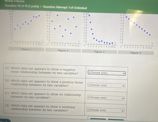 Module 4 Roview 
Question 14 of 14 (1 point) | Question Attempt: 1 of Unlimited
11
10
。
7
5
4
2 - 
1. x
。 1 2 4 5 7 9 ' 10 11
Figure 2 Figure 3 Figure 4 
(a) Which data set appears to show a negative (Choose one) 
linear relationship between its two variables? 
(b) Which data set appears to show a positive linear (Choose one) 
relationship between its two variables? 
(c) Which data set appears to show no relationship (Choose one) 
between its two variables? 
(d) Which data set appears to show a nonlinear (Choose one) 
relationship between its two variables?