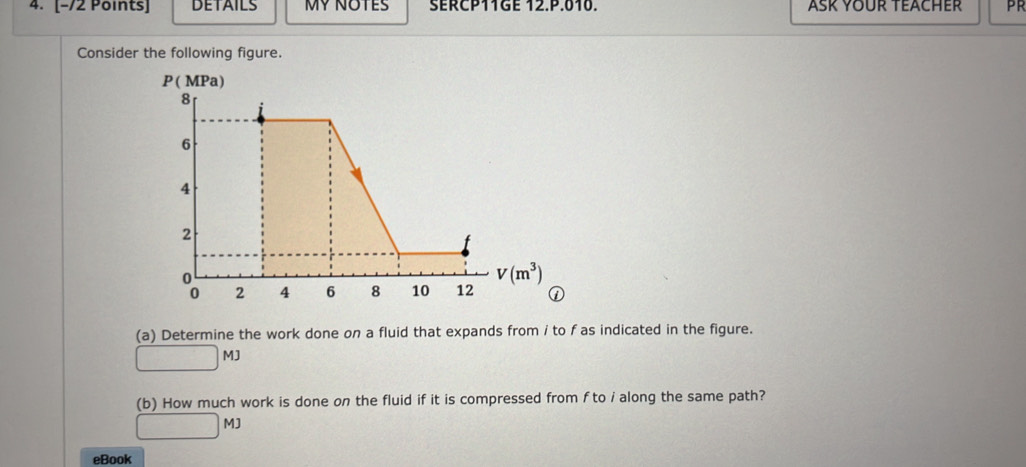 DETAILS MY NOTES SERCP11GE 12.P.010. ASK YOUR TEACHER PR
Consider the following figure.
(a) Determine the work done on a fluid that expands from i to f as indicated in the figure.
MJ
(b) How much work is done on the fluid if it is compressed from f to i along the same path?
MJ
eBook