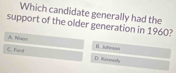 Which candidate generally had the
support of the older generation in 1960?
A. Nixon B. Johnson
C. Ford
D. Kennedy