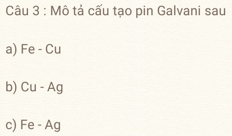 Mô tả cấu tạo pin Galvani sau 
a) Fe - Cu 
b) Cu - Ag
c) Fe - Ag