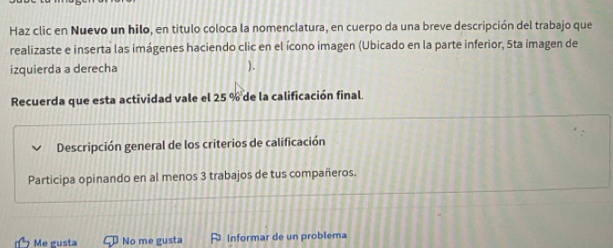 Haz clic en Nuevo un hilo, en titulo coloca la nomenclatura, en cuerpo da una breve descripción del trabajo que 
realizaste e inserta las imágenes haciendo clic en el ícono imagen (Ubicado en la parte inferior, 5ta imagen de 
izquierda a derecha 
) . 
Recuerda que esta actividad vale el 25 % de la calificación final. 
Descripción general de los criterios de calificación 
Participa opinando en al menos 3 trabajos de tus compañeros. 
Me gusta No me gusta Informar de un problema