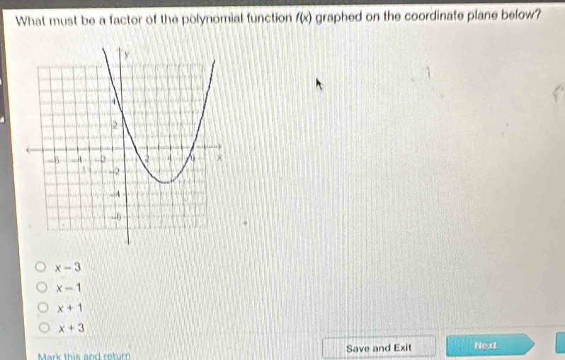 What must be a factor of the polynomial function f(x) graphed on the coordinate plane below?
x-3
x-1
x+1
x+3
Mark this and return Save and Exit Next