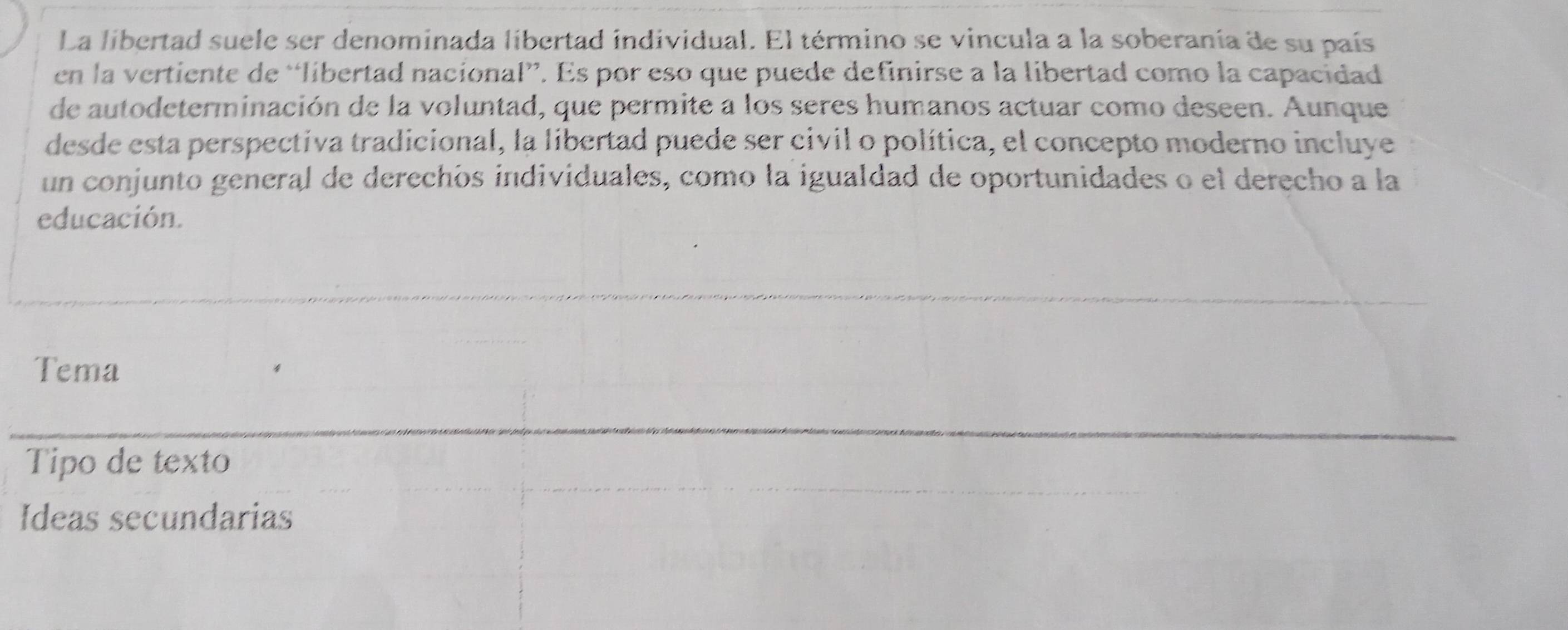 La libertad suele ser denominada libertad individual. El término se vincula a la soberanía de su país 
en la vertiente de “libertad nacional”. Es por eso que puede definirse a la libertad como la capacidad 
de autodeterminación de la voluntad, que permite a los seres humanos actuar como deseen. Aunque 
desde esta perspectiva tradicional, la libertad puede ser civil o política, el concepto moderno incluye 
un conjunto general de derechos individuales, como la igualdad de oportunidades o el derecho a la 
educación. 
Tema 
Tipo de texto 
Ideas secundarias