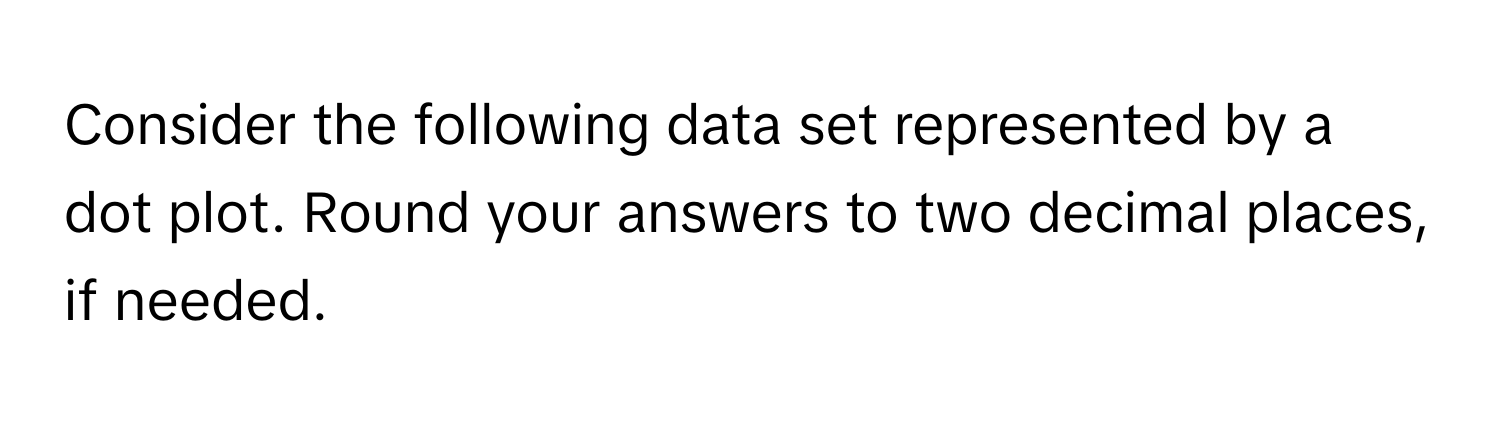 Consider the following data set represented by a dot plot. Round your answers to two decimal places, if needed.