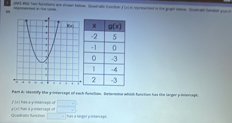 (AKS #61) Two functions are shown below. Quadratic function f(x) is represented in the graph belse. Quadratc Snsion
represented in the table.
(a) g(x)
Part A: Identify the y-intercept of each function. Determine which function has the larger y-intercept
f(x) has a y-intercept of □ v
g(x) has a y-intercept of □ 
Quadratic function □ V has a larger y-intercept.