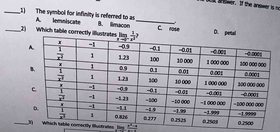 best answer. If the answer is no
_1) The symbol for infinity is referred to as
A. lemniscate B. limacon _C. rose D.
_2) Which table corre
_ates limlimits _xto 2^- (x^2-4)/x-2 