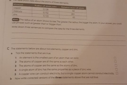 lBle shows data about the atoms 
tom shows its size. The greater the radius, the bigger the atom. In your answer, you could 
use phrases such as 'greater than' or 'bigger than' 
Write down three sentences to compare the data for the three elements. 
_ 
_ 
_ 
C The statements below are about two elements, copper and zinc. 
a Tick the statements that are true. 
1 An element is the smallest part of an atom that can exist. 
2 The atoms of copper are all the same as each other. 
3 The atoms of copper are the same as the atoms of zinc. 
4 A single atom of zinc has the same properties as a piece of zinc wire. 
5 A copper wire can conduct electricity, but a single copper atom cannot conduct electricity. 
b Now write corrected versions of the three statements above that are not true.