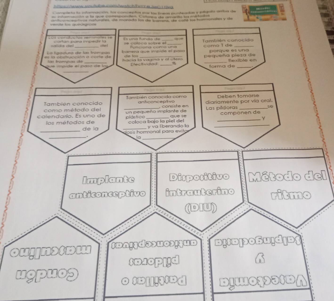 Completo lo información, los conceptos par las líneas punteadas y pégalo ariba de
su infaración a la que corresponden. Colorea de amartlo los métodos
anticancectivos naturates, de morado los de barrera, de café los hormonales y de
verde los quirúrgicos
Los conductos sensinales se Es una funda de _que También conocido
cortan para impedir la
salida del _del se coloca sobre el _
Funciona como una como ǐ de_
La lígadurá de las trampas barrera que impide el paso porque es una
es la obstrucción o corte de de los_
las trompas de _hácía la vagina y al útero _pequeña pieza de
flexible en
que impide el pasó de los Efectividad _forma de_
_
También conocido como Deben tomarse
También conocido anticonceptivo
diariamente por vía oral.
como método del , consiste en
calendario. Es uno de _un pequeño implante de Las pildoras
se
plástico que se componen de
_Y
los métodos de coloca bajo la piel del
_
de la _y va Eberando la
_
dosis hormonal para evita 
_
_.
la
Implante Dispositivo Método del
anticonceptivo intrauterino ritmo
(DIU)
ouynssdu DA!ądəэu०э!3ud bịtD|0Su!din$
SD10PHId
a
ugpuo3
O SD||!3SDd
DIWO1235DΛ