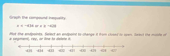 Graph the compound inequality.
x or x≥slant -428
Plot the endpoints. Select an endpoint to change it from closed to open. Select the middle of 
a segment, ray, or line to delete it.