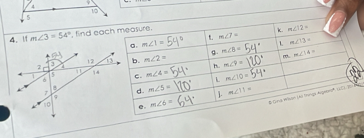 If m∠ 3=54° , find eac
0(