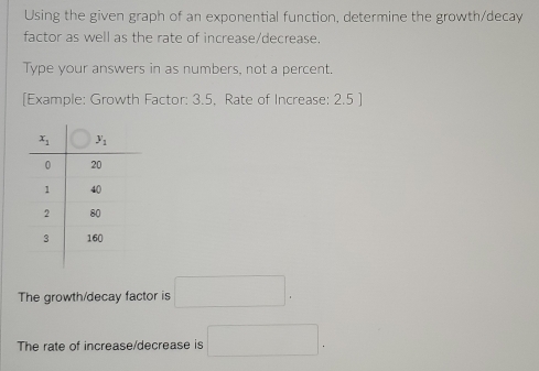 Using the given graph of an exponential function, determine the growth/decay
factor as well as the rate of increase/decrease.
Type your answers in as numbers, not a percent.
[Example: Growth Factor: 3.5. Rate of Increase: 2.5 ]
The growth/decay factor is □ .
The rate of increase/decrease is □ .