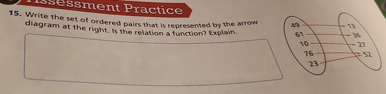 Issessment Practice 
15. Write the set of ordered pairs that is represented by the arrow 
diagram at the right. Is the relation a function? Explain.