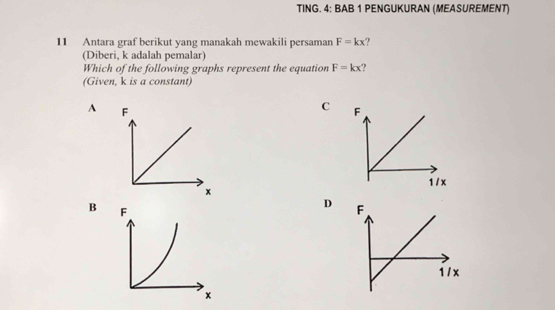 TING. 4: BAB 1 PENGUKURAN (MEASUREMENT)
11 Antara graf berikut yang manakah mewakili persaman F=kx 2 
(Diberi, k adalah pemalar)
Which of the following graphs represent the equation F=kx
(Given, k is a constant)
A
C F
1 / x
B
D