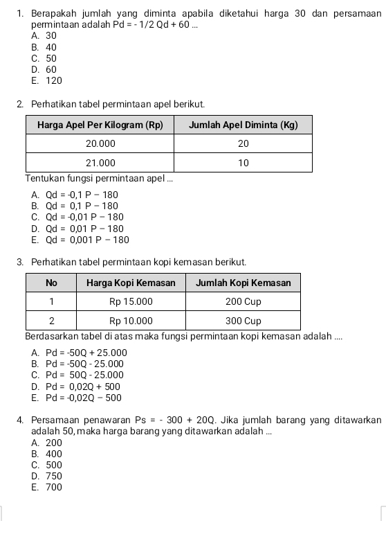 Berapakah jumlah yang diminta apabila diketahui harga 30 dan persamaan
perm intaan adalah Pd=-1/2Qd+60...
A. 30
B. 40
C. 50
D. 60
E. 120
2. Perhatikan tabel permintaan apel berikut.
Tentukan fungsi permintaan apel ...
A. Qd=-0,1P-180
B. Qd=0,1P-180
C. Qd=-0,01P-180
D. Qd=0.01P-180
E. Qd=0.001P-180
3. Perhatikan tabel permintaan kopi kemasan berikut.
Berdasarkan tabel di atas maka fungsi permintaan kopi kemasan adalah ....
A. Pd=-50Q+25.000
B. Pd=-50Q-25.000
C. Pd=50Q-25.000
D. Pd=0,02Q+500
E. Pd=-0,02Q-500
4. Persamaan penawaran Ps=-300+20Q. Jika jumlah barang yang ditawarkan
adalah 50, maka harga barang yang ditawarkan adalah ...
A. 200
B. 400
C. 500
D. 750
E. 700