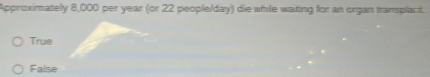 Approximately 8,000 per year (or 22 people/day) die while waiting for an organ transplant.
True
False