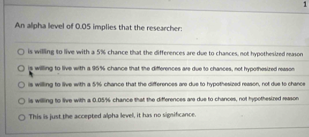 An alpha level of 0.05 implies that the researcher:
is willing to live with a 5% chance that the differences are due to chances, not hypothesized reason
is willing to live with a 95% chance that the differences are due to chances, not hypothesized reason
is willing to live with a 5% chance that the differences are due to hypothesized reason, not due to chance
is willing to live with a 0.05% chance that the differences are due to chances, not hypothesized reason
This is just the accepted alpha level, it has no signifcance.