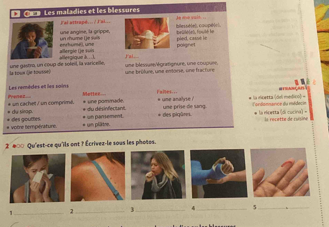 œ Les maladies et les blessures 
J'ai attrapé... / J'ai...Je me suis .. 
une angine, la grippe, blessé(e), coupé(e), 
un rhume (je suis brûlé(e), foulé le 
enrhumé), une pied, cassé le 
allergie (je suis poignet 
allergique à.), J'ai... 
une gastro, un coup de soleil, la varicelle, une blessure/égratignure, une coupure, 
la toux (je tousse) une brûlure, une entorse, une fracture 
Les remèdes et les soins 
Faites... 
Prenez... Mettez... #FrançaIst 
un cachet / un comprimé. une pommade. une analyse / la ricetta (del medico) = 
du sirop. du désinfectant. une prise de sang. l'ordonnance du médecin 
des gouttes. un pansement. des piqûres. la ricetta (di cucina) = 
votre température. un plâtre. la recette de cuisine 
2 #□α Qu’est-ce qu’ils ont ? Écrivez-le sous les photos. 
_1 
_2 
_3 
_4 
_5