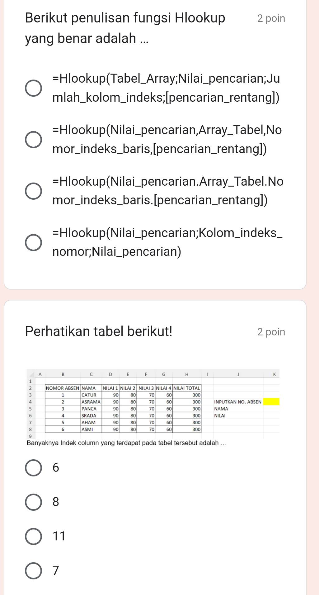 Berikut penulisan fungsi Hlookup 2 poin
yang benar adalah ...
=Hlookup(Tabel_Array;Nilai_pencarian;Ju
mlah_kolom_indeks;[pencarian_rentang])
=Hlookup(Nilai_pencarian,Array_Tabel,No
mor_indeks_baris,[pencarian_rentang])
=Hlookup(Nilai_pencarian.Array_Tabel.No
mor_indeks_baris.[pencarian_rentang])
=Hlookup(Nilai_pencarian;Kolom_indeks_
nomor;Nilai_pencarian)
Perhatikan tabel berikut! 2 poin
Banyaknya Indek column yang terdapat pada tabel tersebut adalah ...
6
8
11
7