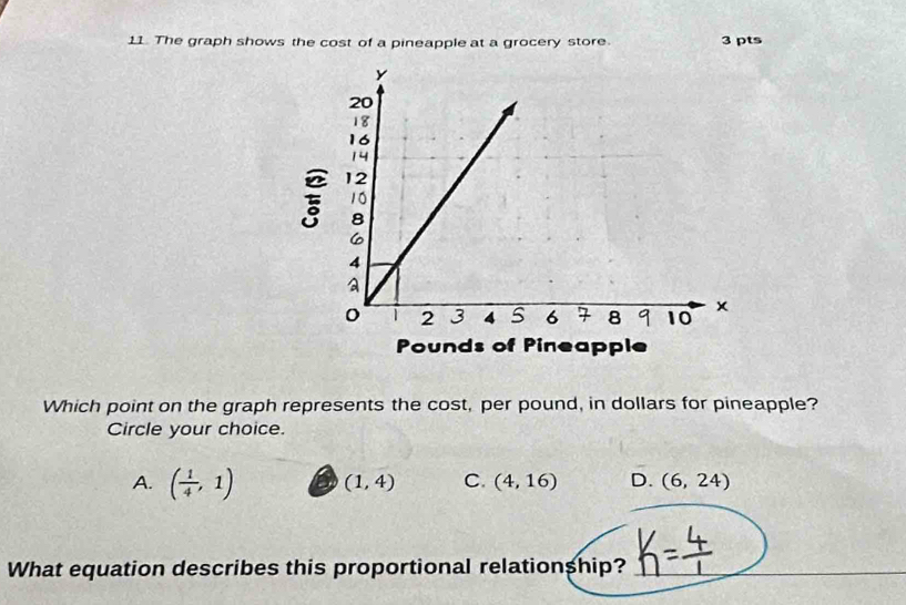 The graph shows the cost of a pineapple at a grocery store. 3 pts
Which point on the graph represents the cost, per pound, in dollars for pineapple?
Circle your choice.
A. ( 1/4 ,1) (1,4) C. (4,16) D. (6,24)
What equation describes this proportional relationship?_