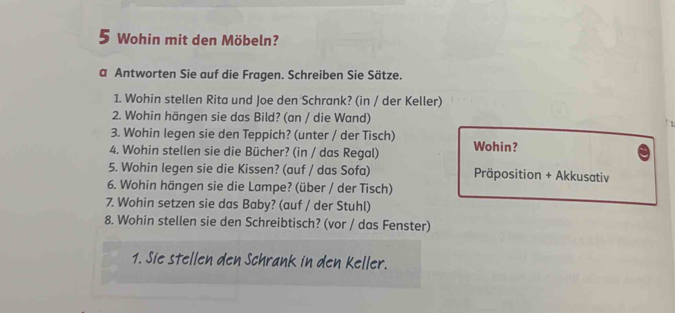 Wohin mit den Möbeln? 
a Antworten Sie auf die Fragen. Schreiben Sie Sätze. 
1. Wohin stellen Rita und Joe den Schrank? (in / der Keller) 
2. Wohin hängen sie das Bild? (an / die Wand) 
3. Wohin legen sie den Teppich? (unter / der Tisch) 
4. Wohin stellen sie die Bücher? (in / das Regal) Wohin? 
5. Wohin legen sie die Kissen? (auf / das Sofa) Präposition + Akkusativ 
6. Wohin hängen sie die Lampe? (über / der Tisch) 
7. Wohin setzen sie das Baby? (auf / der Stuhl) 
8. Wohin stellen sie den Schreibtisch? (vor / das Fenster) 
1. Sie stellen den Schrank in den Keller.