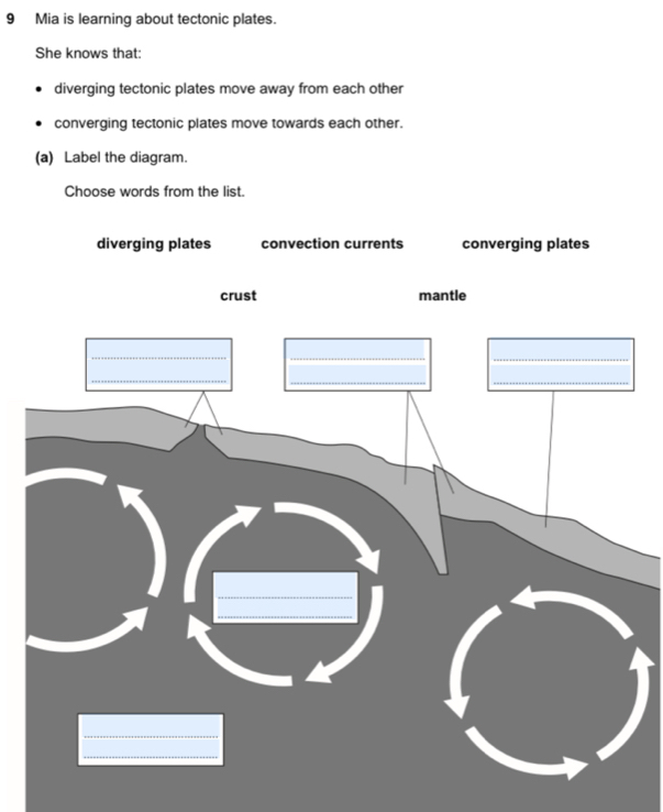 Mia is learning about tectonic plates.
She knows that:
diverging tectonic plates move away from each other
converging tectonic plates move towards each other.
(a) Label the diagram.
Choose words from the list.
diverging plates convection currents converging plates
crust mantle
_
__
_
_
_
_